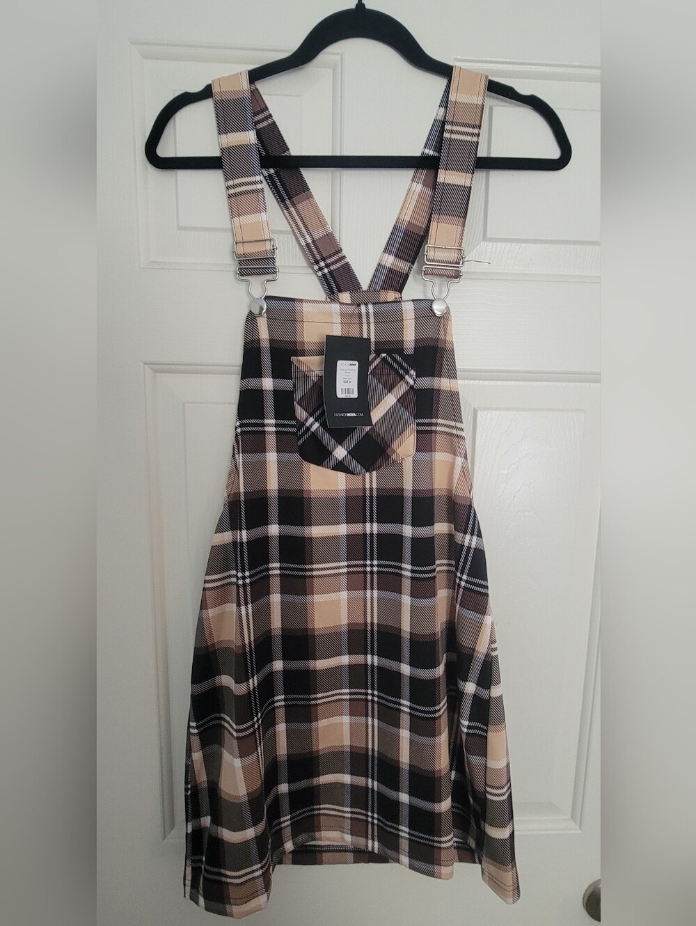 Plaid Suspender Pinafore Dress - Beige Black Cream
